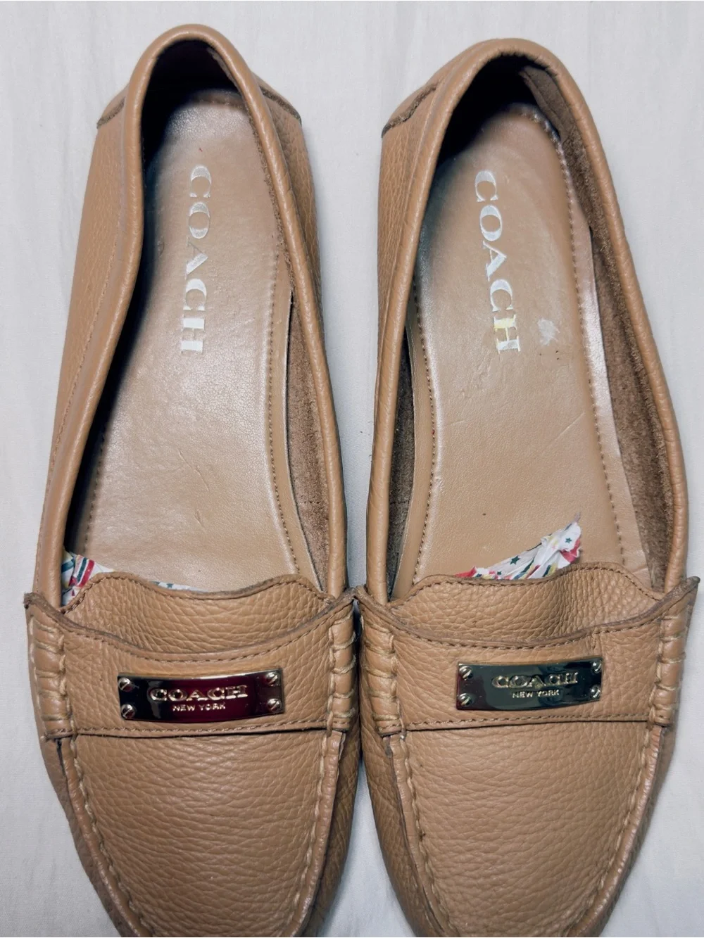 COACH Tan Pebbled Leather Penny Loafers with Gold Plaque
